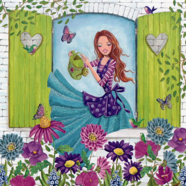 Cartita Design "Frau gießt Blumen am Fenster, Postkarte mit Glitzer Größe: 14x14cm